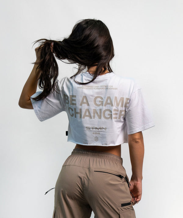 "BE A GAME CHANGER" Cropped Tee SOLID White Woman - STMN Fitness